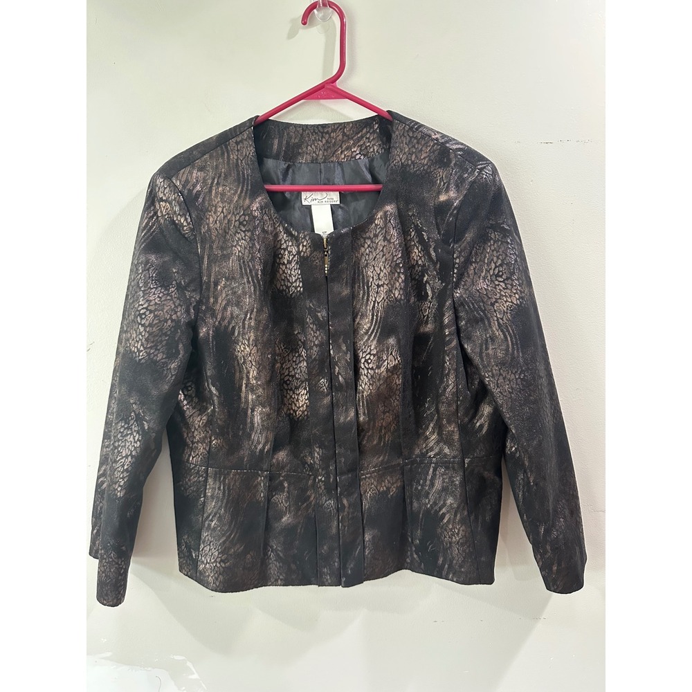 Kim Rogers Petite Vintage Bronze Black Metallic Animal Print Zip Jacket 12P